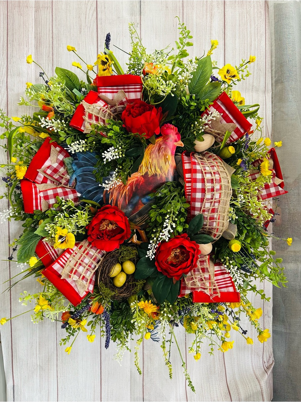 Handmade Farmhouse Rooster Spring & Summer Wreath with Designer Ribbon